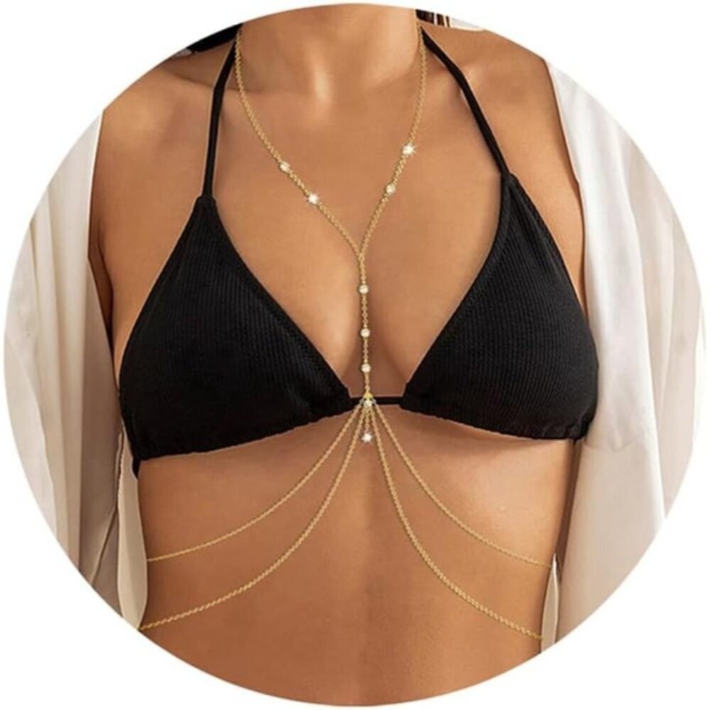 Women's 9 Diamonds(Gold3) Gold Plated Layered Rhinestone Crossover Body Chains